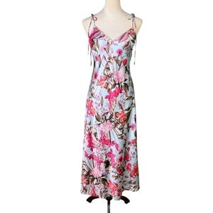 Victoria's Secret Tropical Pink Floral Print Satin Midi Slip Dress Tie Strap